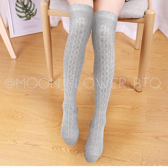 Gray Cable Knit Thigh High Socks | Over the Knee Cozy Winter Stockings - Picture 3 of 4